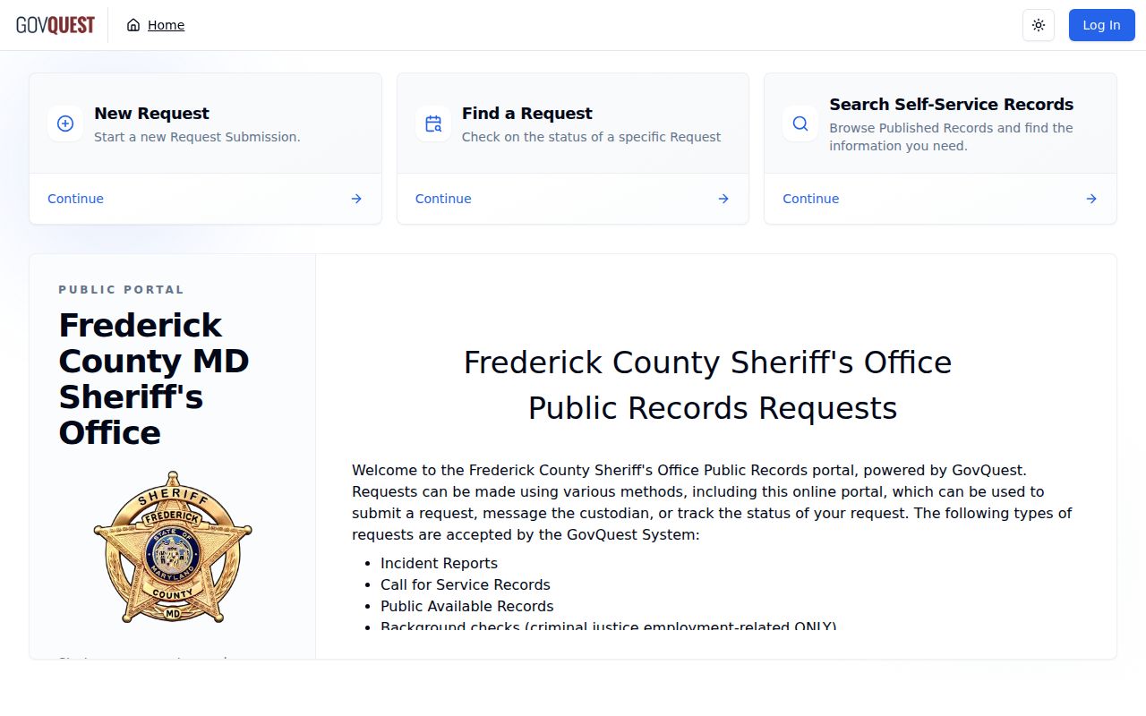 Frederick County inmate release date records request portal